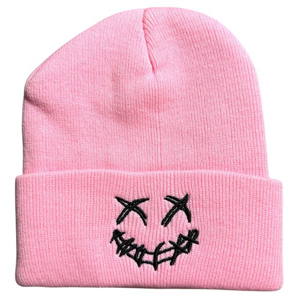 Knitted Woven Pink Scary Smiley Face Beanie Mens OS - Punk Skater Preppy Casual - Picture 1 of 12